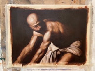 A painting of a bald Italian man wearing a long white fabric around his waist, looking to the side with light from above. The piece has high contrast and the man's muscles are well-defined.